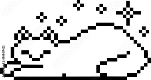 Pixel art sleeping cat with sparkling stars around, digital retro style, cozy and calm animal resting illustration