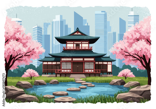 Serene vector illustration of a pagoda surrounded by cherry blossoms, pond, and cityscape, showcasing traditional architecture in a modern setting