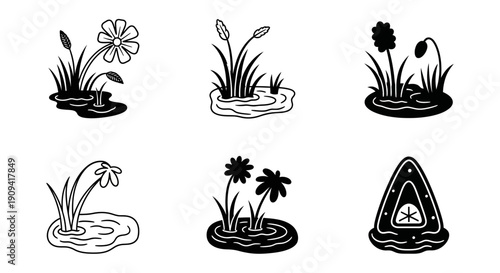 Set of black and white icons depicting various plants and flowers growing in water, suitable for nature and garden themes.
