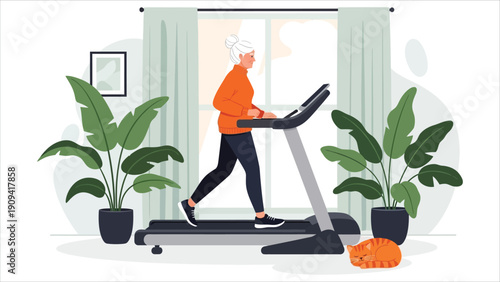 Active Senior Woman Exercising on Treadmill at Home – Indoor Fitness with Lush Green Houseplants