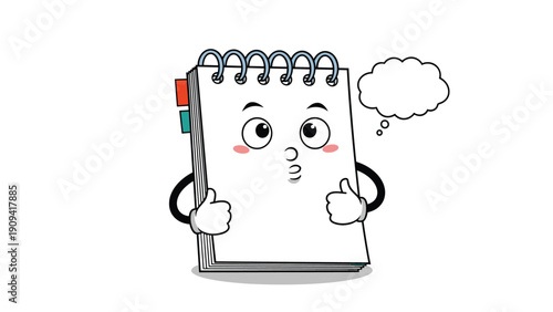 Thoughtful notebook character with a pensive expression holds a thought bubble while giving a double thumbs up on white background.