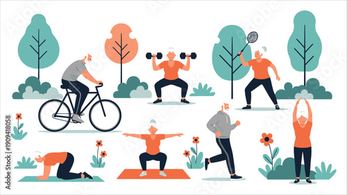 Active Seniors Exercising Outdoors – Cycling, Jogging, and Weightlifting in a Scenic Public Park