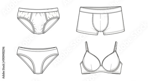 Underwear Fashion Flat Sketches: Briefs, Boxer Briefs, Bikini, and Bra - Vector Illustration