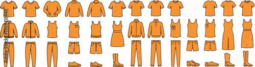 A large assortment of orange colored clothing items and apparel for men and women on a white surface