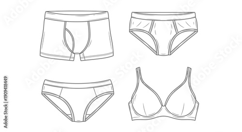 Underwear Set: Boxer Briefs, Briefs, and Bra - Fashion Line Art Icons