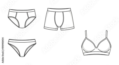 Underwear Set: Bra and Briefs, Boxer Briefs, Panties - Line Art Fashion Illustration