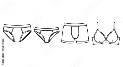 Underwear Set: Bra, Briefs, and Boxer Briefs - Line Art Illustration