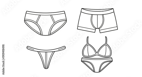 Underwear set: briefs, boxers, thong, and bra and panties - line art