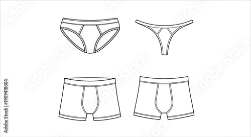 Underwear Types Collection: Briefs, Thong, Boxer Briefs, Boxer Shorts - Line Art
