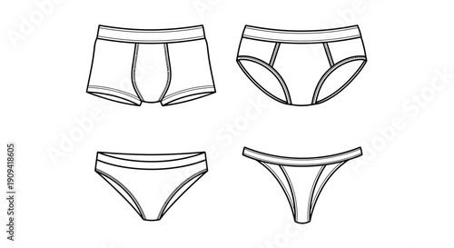 Underwear Types Fashion Flat Sketch Collection: Boxer Briefs, Briefs, Bikini, Thong