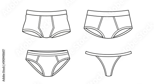Underwear types, fashion sketch, line art, briefs, thong, boxer briefs, bikini, isolated on white
