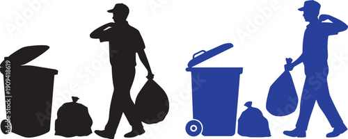 A person carrying a trash bag stands next to an open wheeled garbage can in both black and blue silhouettes