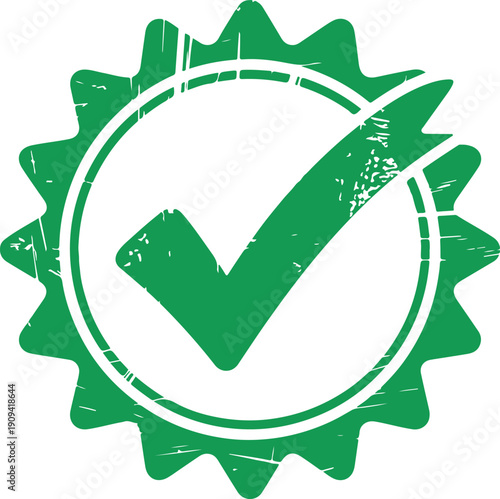 A vibrant green grunge styled checkmark stamp showing confirmation or successful completion