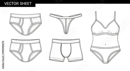 Vector Fashion Flat Sketch: Underwear Set for Men and Women, Lingerie, Briefs, Boxer Shorts