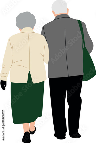 An illustration of two elderly individuals with grey hair walking away holding hands showing togetherness
