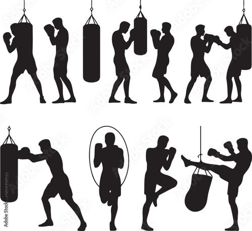 Silhouettes of people practicing boxing and kickboxing with punching bags in various poses
