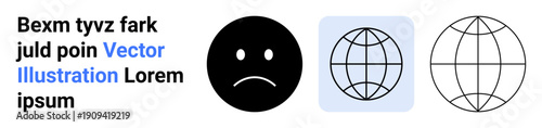 Emotional expression, global relations, technology, simplicity, design concepts, communication. Sad face icon with two variations of globe wireframes. Emotional expression and global relations