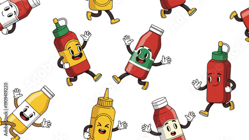 Fun seamless pattern features running condiment bottles including ketchup mustard and hot sauce with happy animated faces.