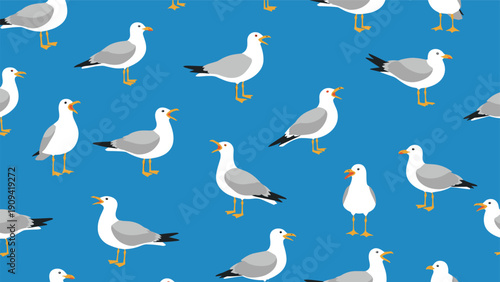 Coastal seamless pattern displays many white seagulls in different standing and calling poses against a bright blue sky background.