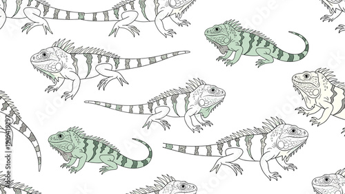 Detailed seamless pattern showcases many green iguanas in various poses against a clean white background for reptile enthusiasts.