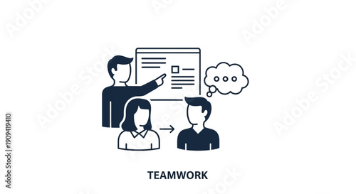 Teamwork concept icon: people collaborating on a presentation with a speech bubble