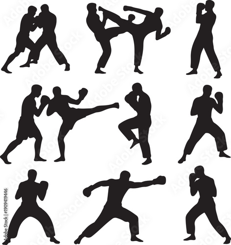 Silhouettes of people practicing martial arts and boxing in various poses