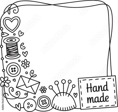 Square frame border featuring various line art sewing items and Hand made text