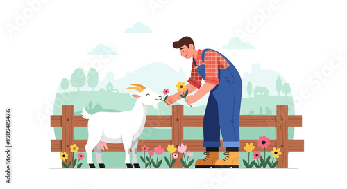 Farmer feeding goat flowers at countryside farm, vector illustration