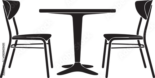 Stylish black silhouette of a small round table with two chairs on a white background