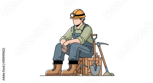 Construction Worker Sitting on Crate with Tools.