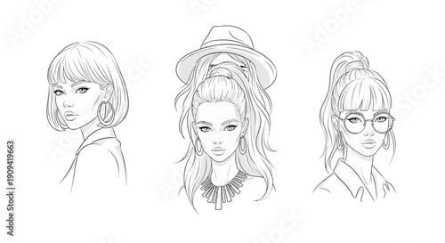Three diverse women portraits, fashion styles, pencil sketch, artistic illustration