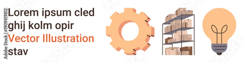 Industry, logistics, innovation, manufacturing, storage, creativity. Gear symbol, storage shelves with boxes and lightbulb icon. Industry and logistics concepts