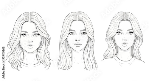 Three female face types with different hairstyles: wavy, straight, and layered