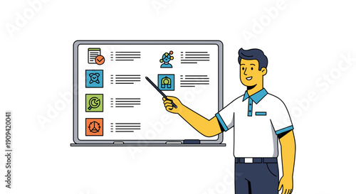 Man Presenting Information on Whiteboard Screen.