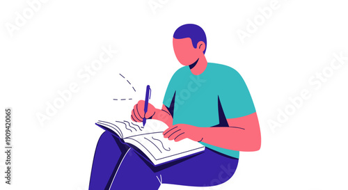 Man Writing in Notebook with Pen.