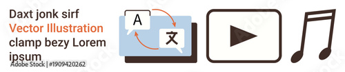 Language translation, digital media, education, communication tools, audiovisual , music learning. Symbols for translation, video playback and music notes. Language translation and digital media