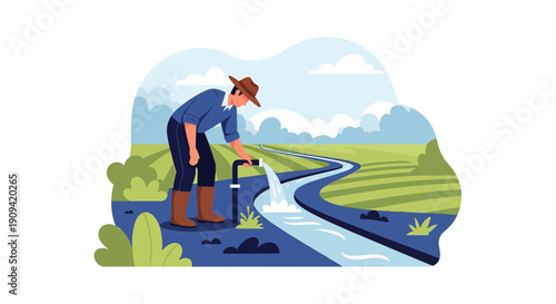 Farmer irrigating field with water channel, agriculture concept