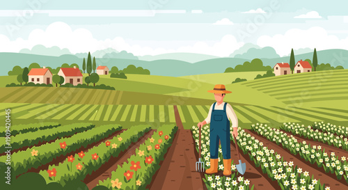 Farmer Cultivating Blooming Fields: Rural Landscape with Houses and Mountains