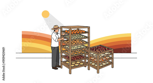 Farmer Drying Produce on Racks Under Sunlight