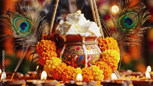 Pot of butter and peacock feather decoration with lit oil lamp arrangement and incense for a festive celebration of an Indian festival.