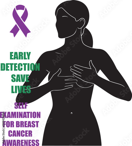 Woman checking her breast to prevent and support the cause of breast cancer. Breast self exam concept vector illustration