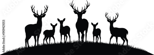 Deer herd silhouettes on grassy hill, majestic stags and does with fawns isolated wildlife nature vector illustration