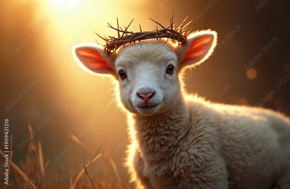 Fototapeta premium Small lamb wears crown of thorns. Animal looks tenderly. Symbolizes sacrifice purity innocence. Represents Jesus Christ resurrection. Gentle creature stands in sunlit field.