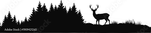 Deer silhouette in dense forest landscape, black wildlife vector illustration with stag and woodland trees isolated on white background