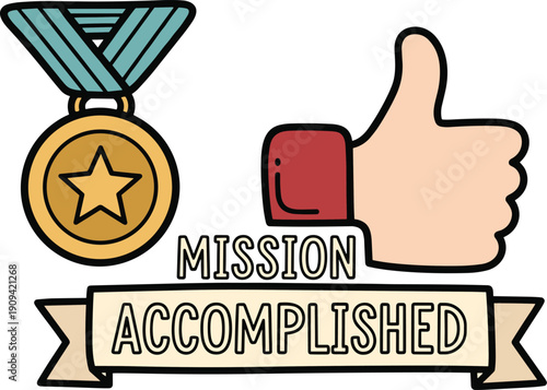 Mission accomplished medal and thumbs up gesture for success achievement