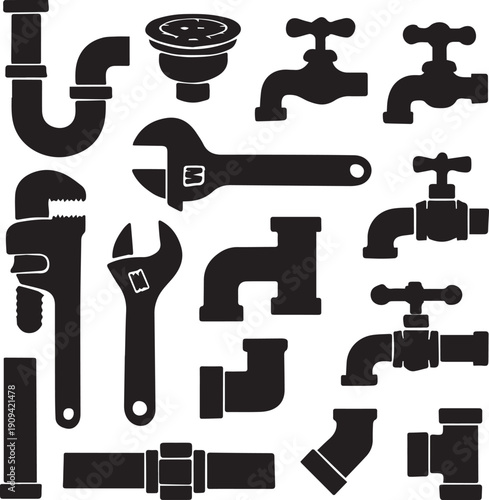 Cute Plumbing Equipment Collection in Solid Black Silhouette Vector Set