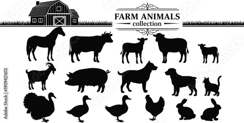 Farm animal silhouettes collection with barn isolated on white background featuring cow sheep horse pig goat chicken duck rabbit dog cat, black vector livestock illustration