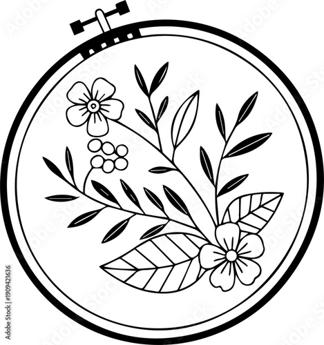 Hand Drawn Floral Arrangement in Embroidery Hoop Outline Vector