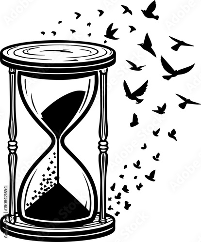 Black and white vector hourglass where the falling sand turns into birds flying away symbolizing freedom and passing time