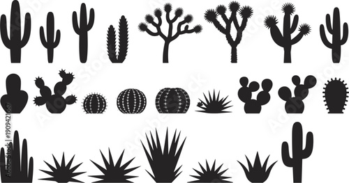 Desert cactus and succulent silhouette set, black saguaro joshua tree agave plants isolated on white background vector illustration